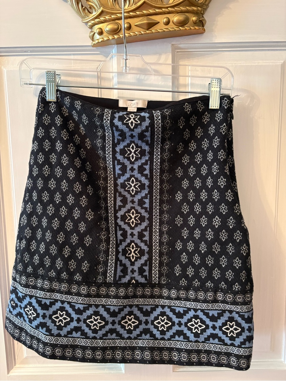 LOFT Black Knit Mini Skirt with Blue Geometric Panel